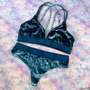 VS PINK • Dark Teal Crushed Velvet Logo Thong Panty & Strappy Bralette Set